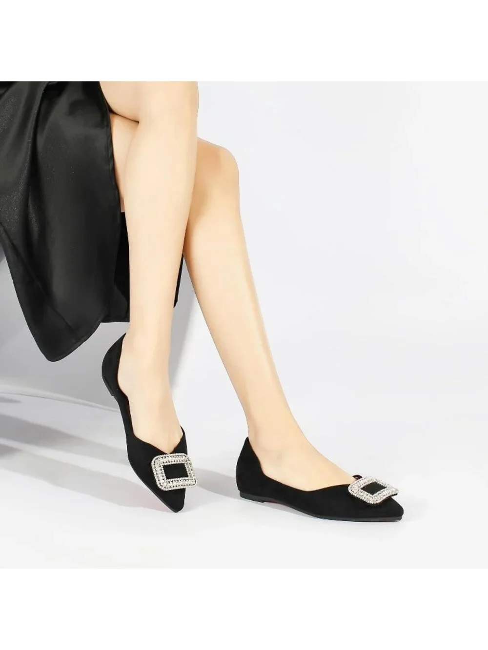 Women's Black Suede Pointed Toe Rhinestone Ballet Flat Slip On Party Dress Shoes